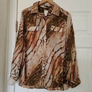 Chicos Women's Brown Flowy Sheer Button Up Long Sleeve Top Size 1